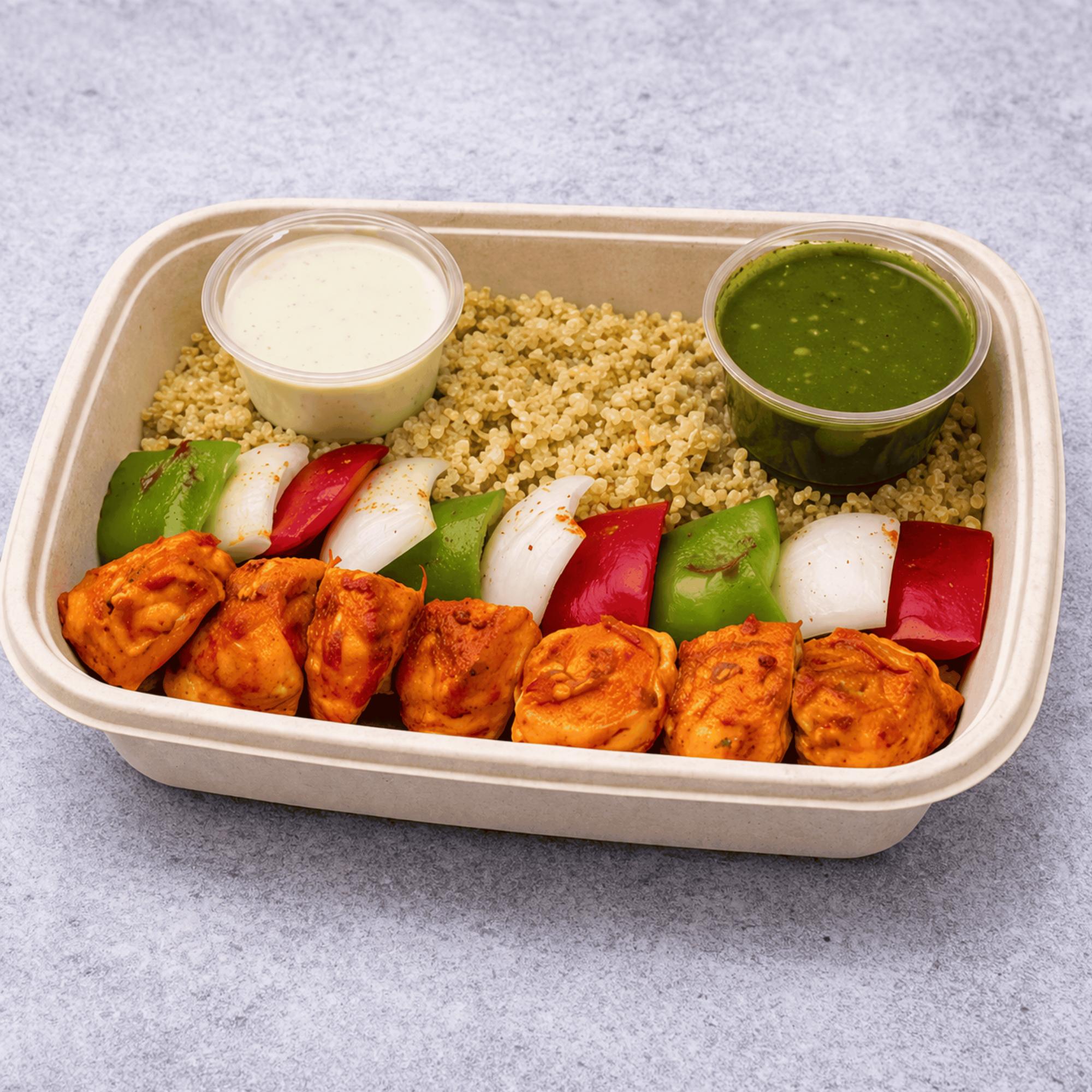 Seafood platter (Fish and shrimp) with cumin Quinoa served with mint yogurt sauce